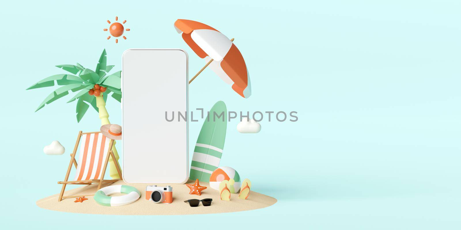 Summer vacation concept, Smartphone mockup on the beach with  beach accessories, hotel resort restaurant ticket tour booking reservation app on smartphone, 3d illustration
