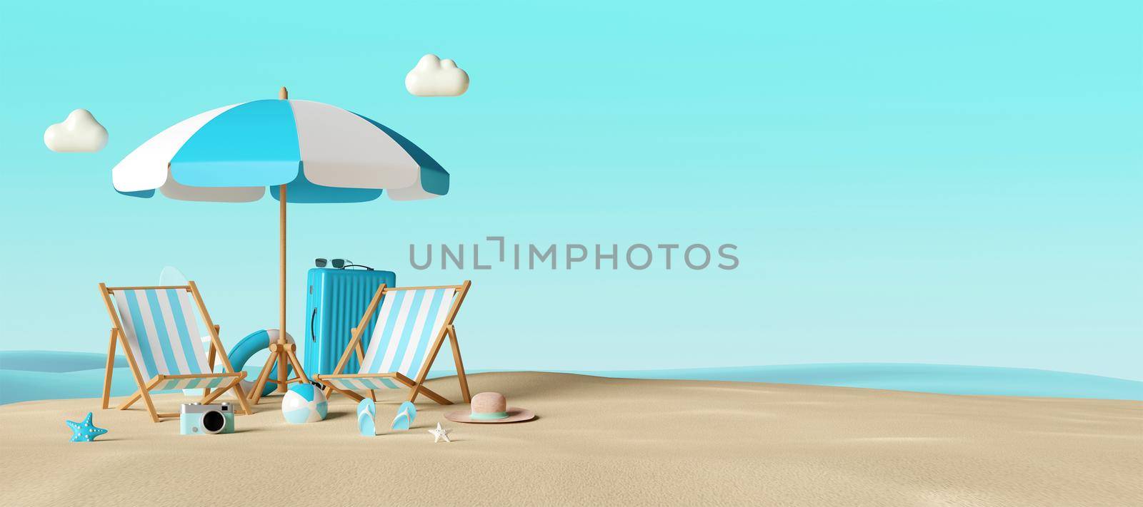 Summer vacation concept, Banner of beach chairs and accessories on the beach,3d illustration by nutzchotwarut