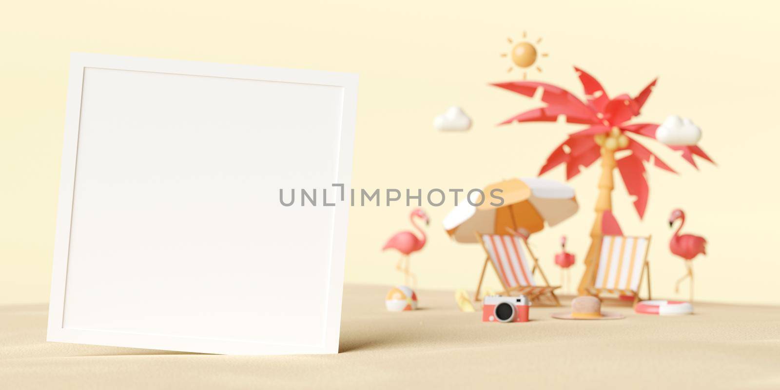 3d illustration of blank photo mockup on the beach with summer background by nutzchotwarut