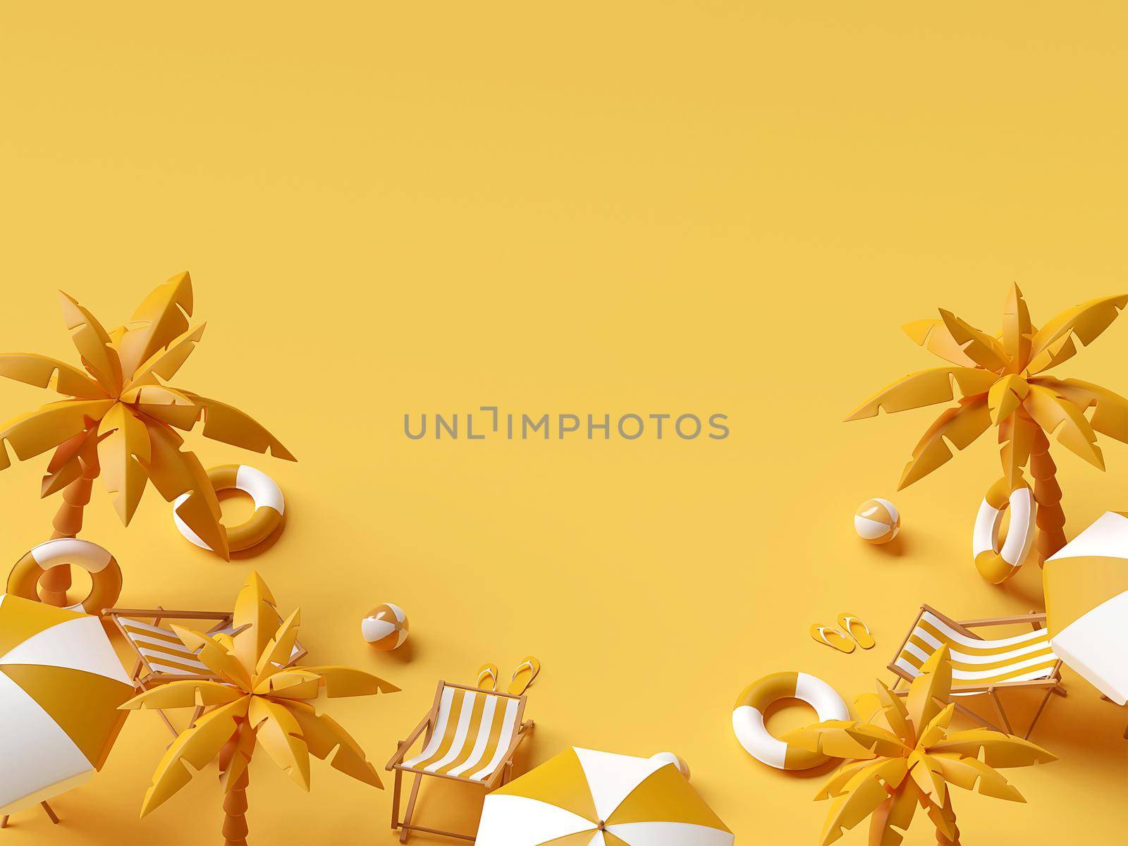Summer vacation concept, Beach chairs and accessories under palm tree on yellow background with copy space, 3d illustration