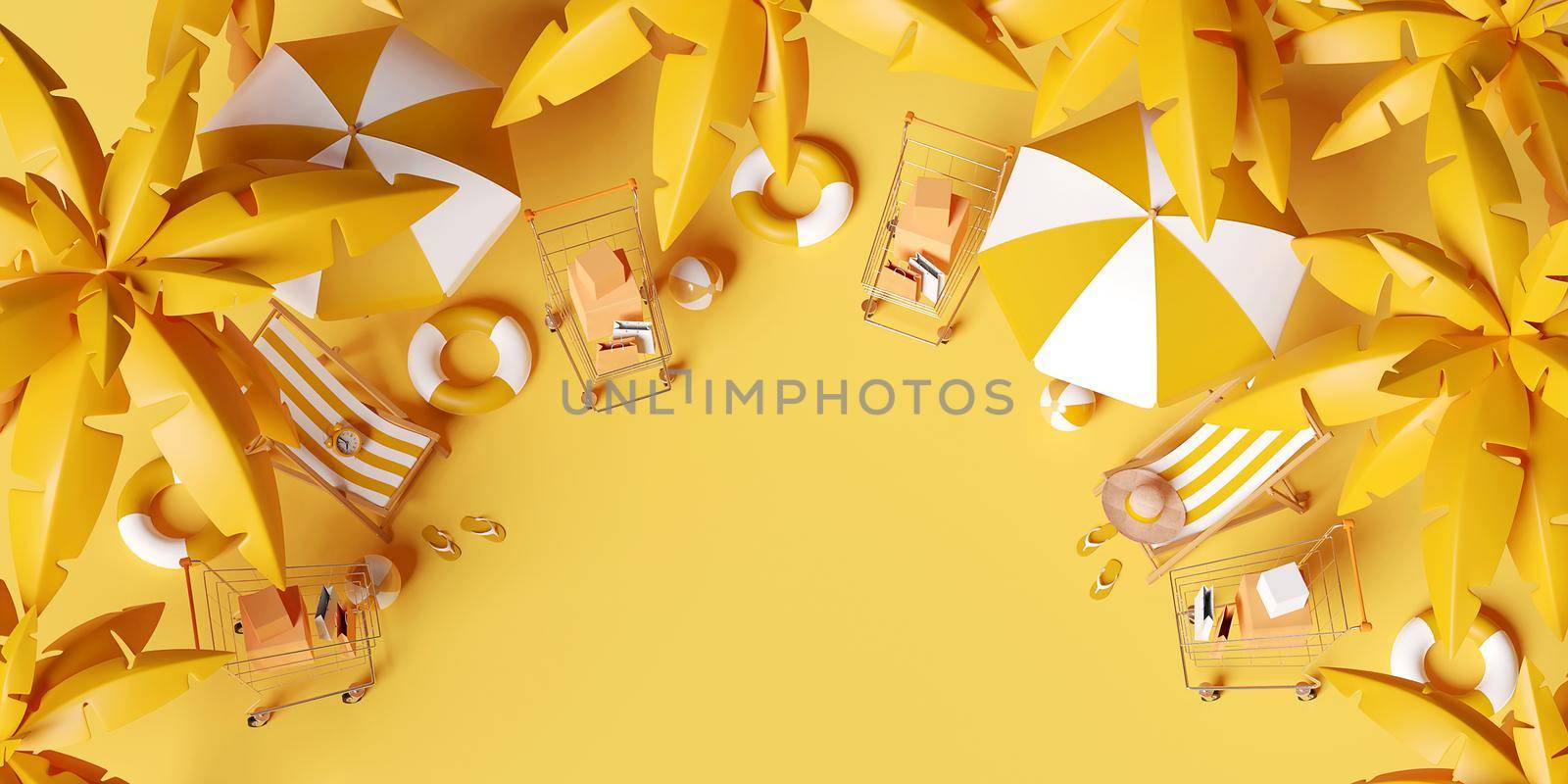 Summer sale banner, Shopping cart with beach accessories on yellow background, 3d illustration