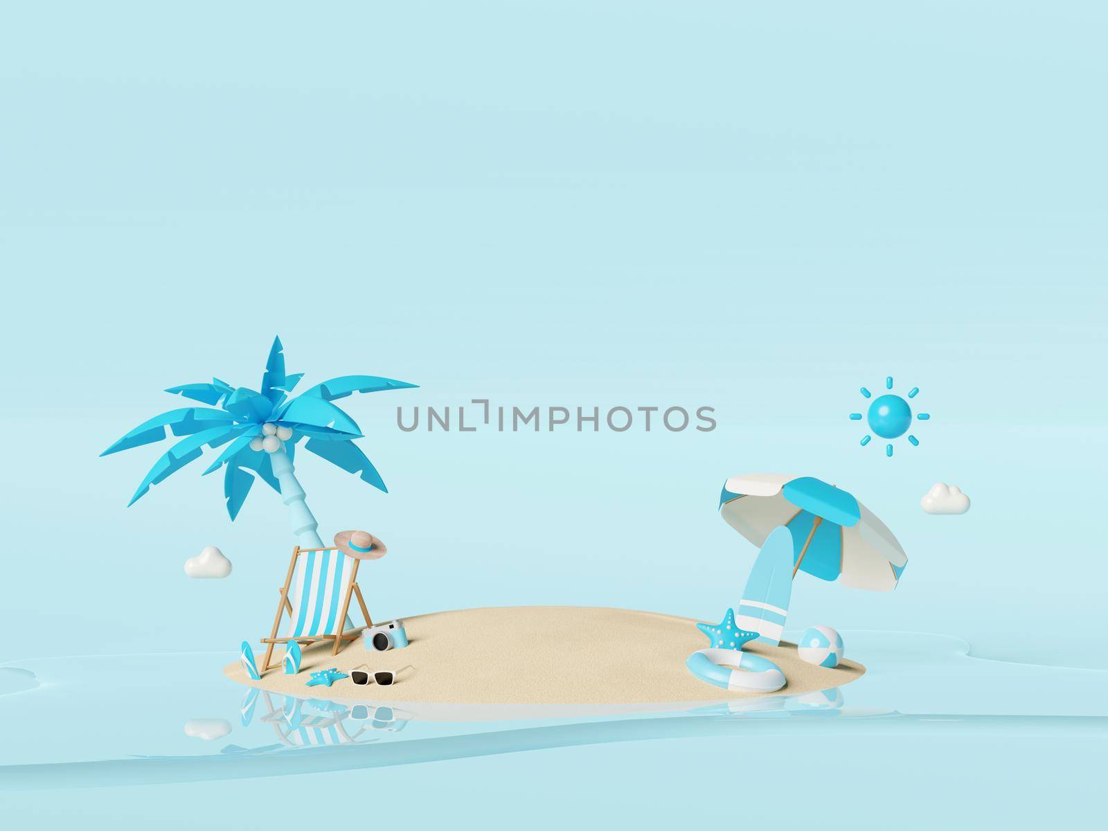 Summer vacation concept, Beach chairs and accessories under palm tree with copy space for product advertisement, 3d illustration