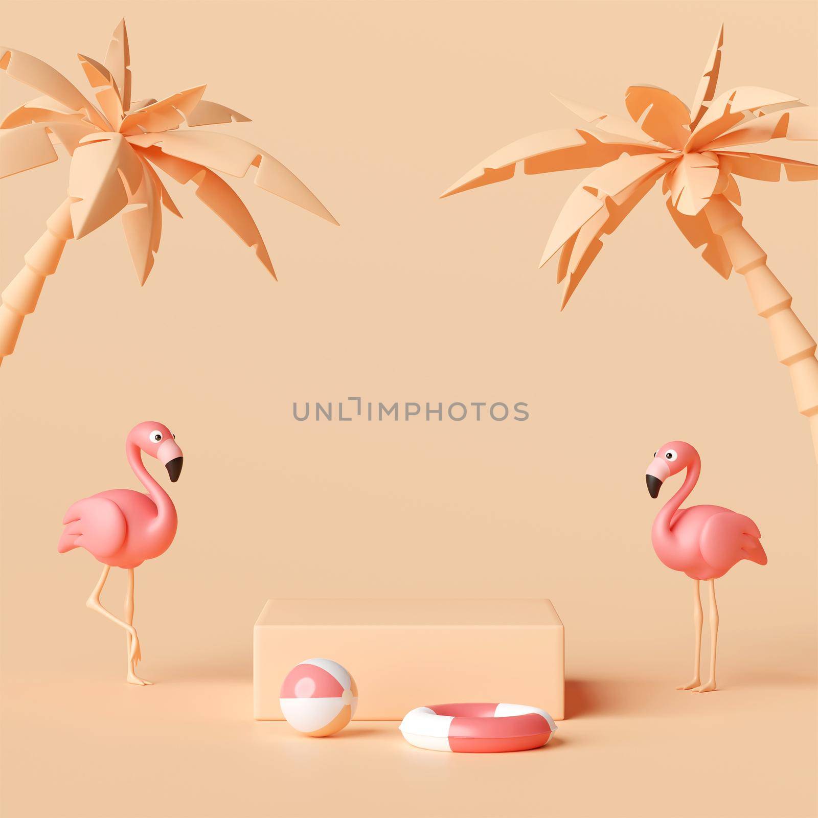 3d illustration of podium summer concept with flamingo