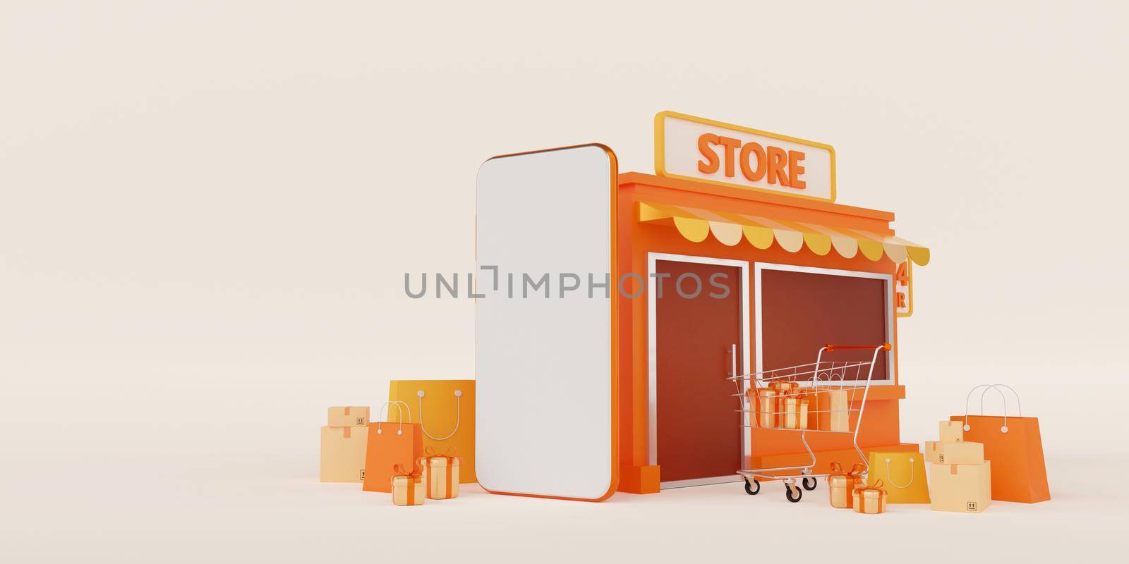 E-commerce concept, Convenience store shopping online on mobile, 3d illustration