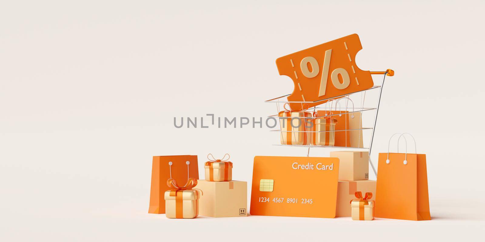 Gift box and shopping bag in shopping cart, get discount code when pay by credit card, 3d illustration by nutzchotwarut