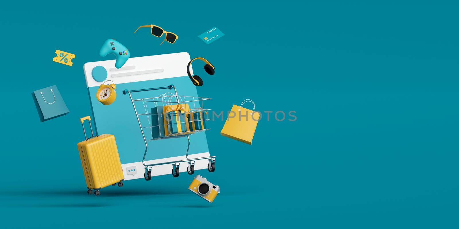 E-commerce concept, Shopping online advertisement on social media,3d rendering by nutzchotwarut
