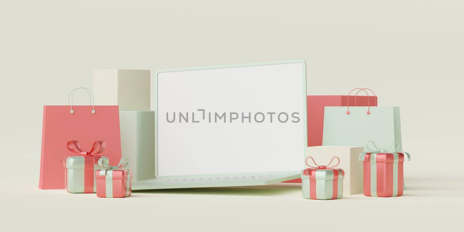 3d illustration of shopping online concept, blank screen laptop with giftbox and shopping bag