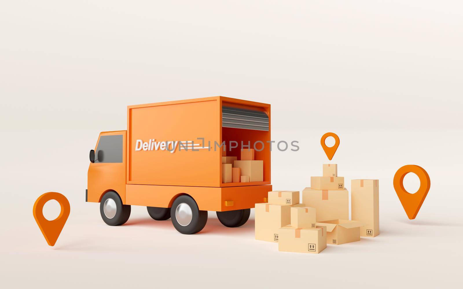 E-commerce concept, Transportation shipment delivery by truck, 3d illustration by nutzchotwarut