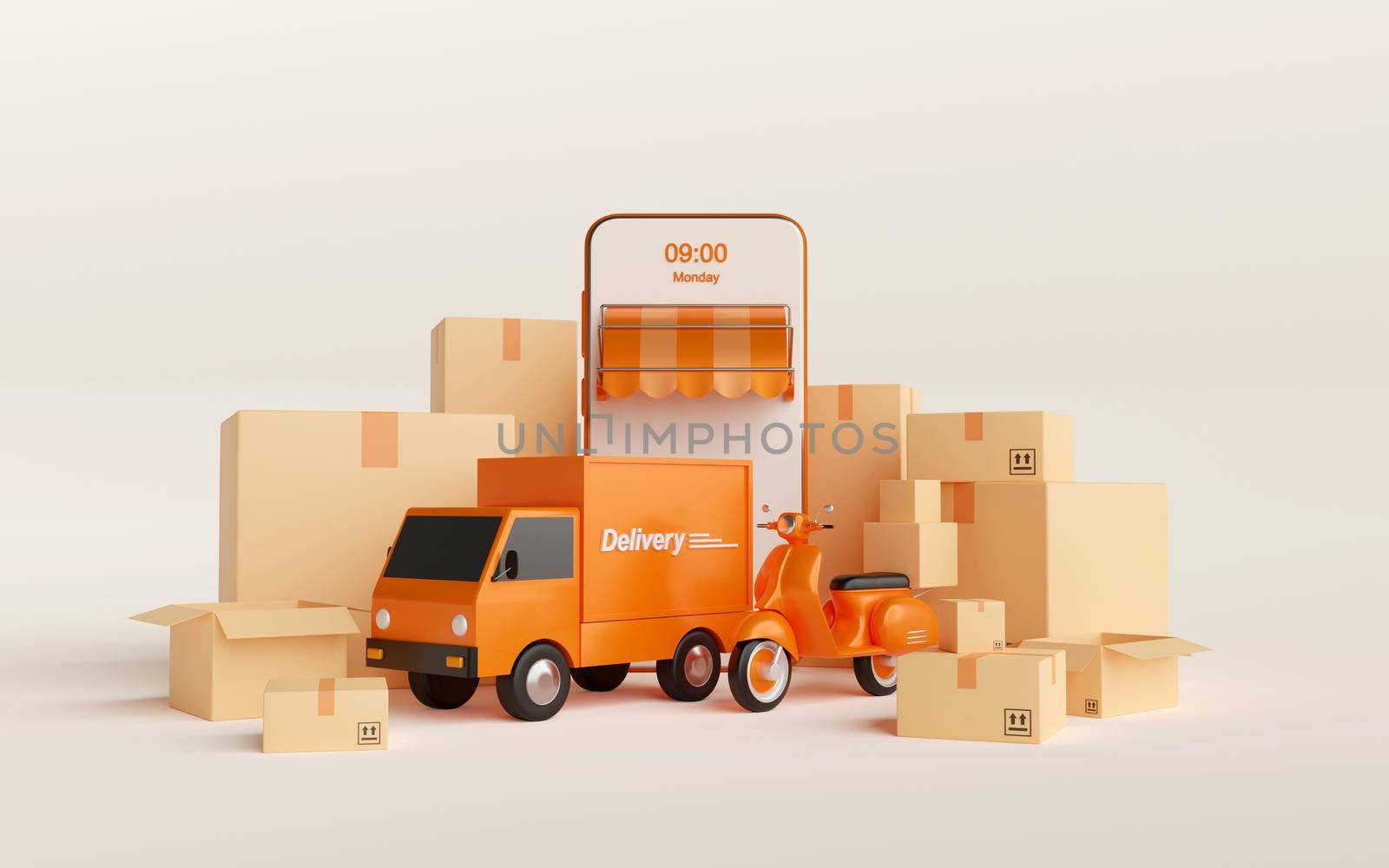 Delivery service on mobile application, Transportation delivery by truck or scooter, 3d illustration by nutzchotwarut