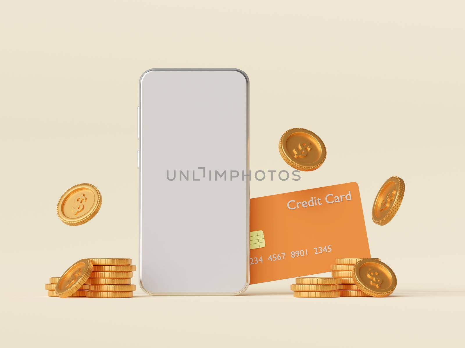 3d illustration of smartphone mockup with creditcard and dollar coin by nutzchotwarut