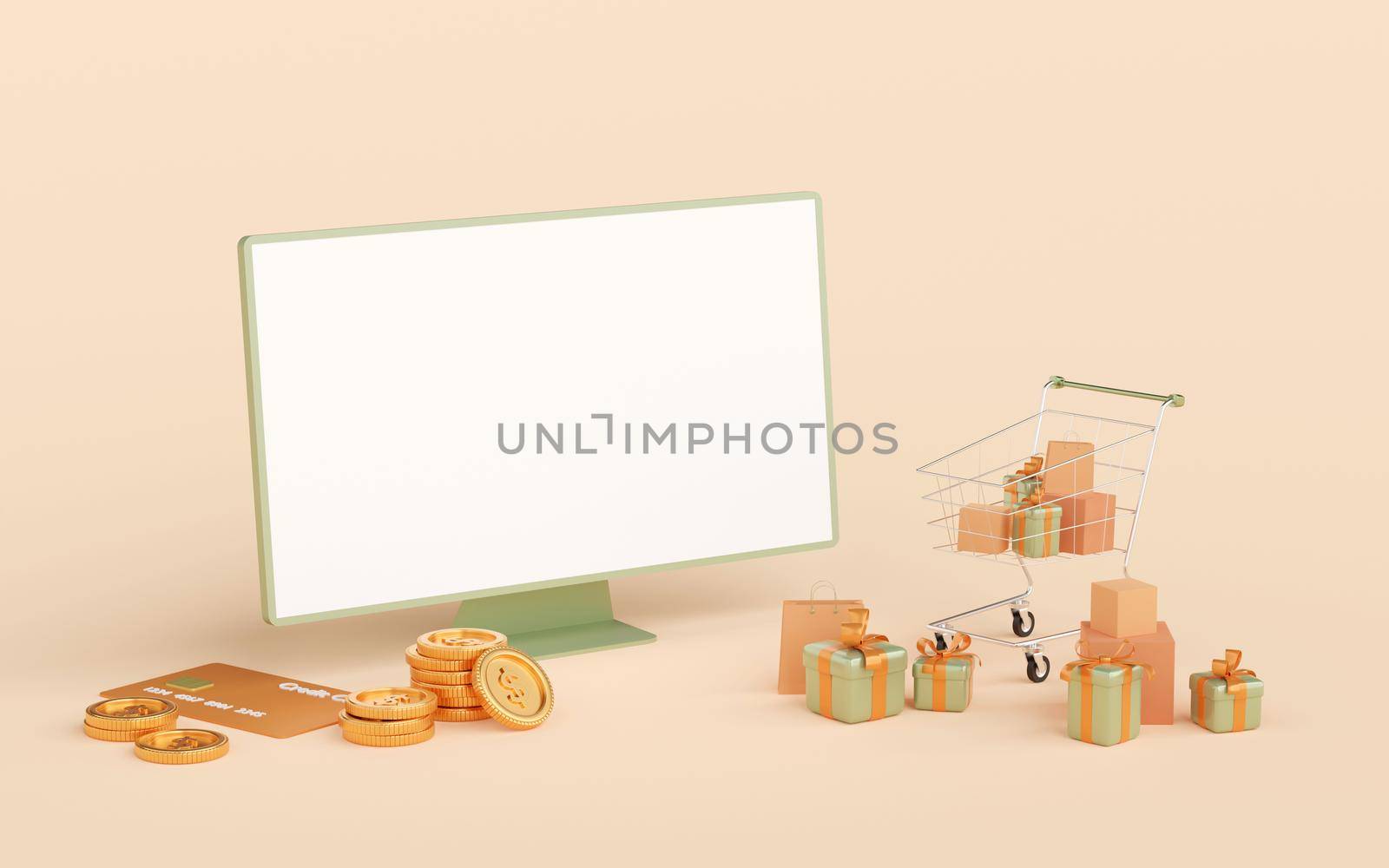 3d illustration of shopping online concept, blank screen laptop with giftbox and shopping bag by nutzchotwarut