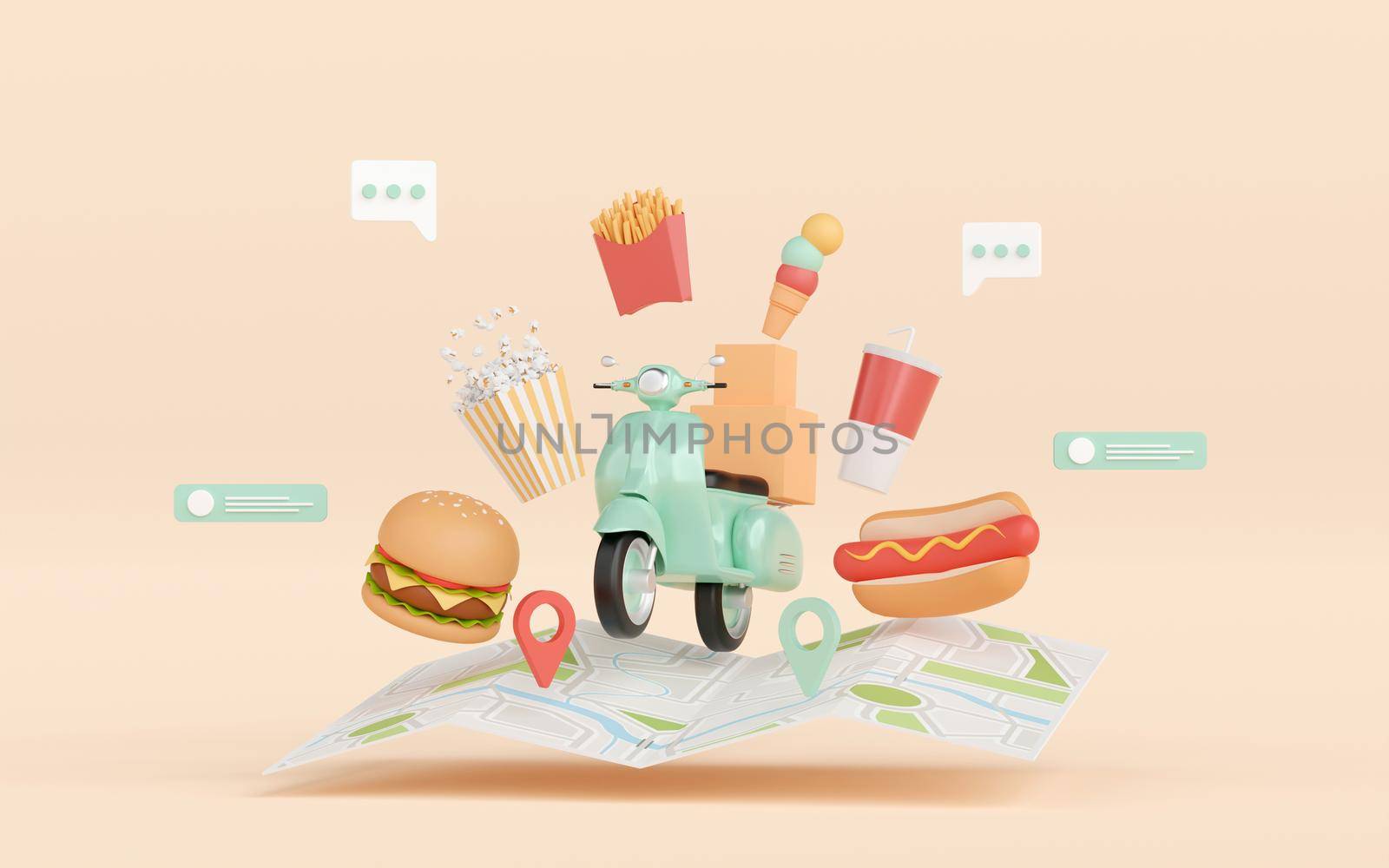 3d illustration of Banner of food delivery by scooter by nutzchotwarut