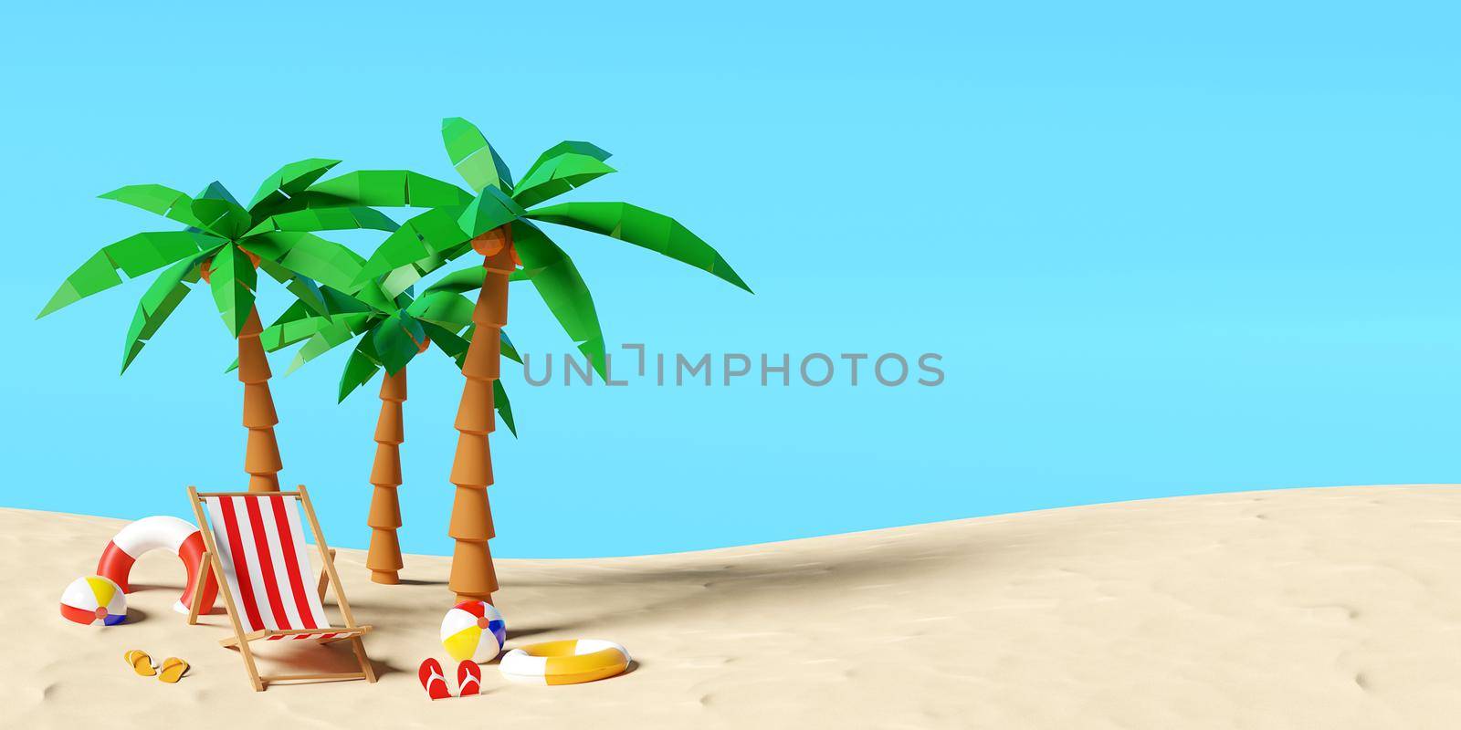 Summer vacation concept, A summer beach with beach umbrella, chairs and accessories, 3d illustration by nutzchotwarut