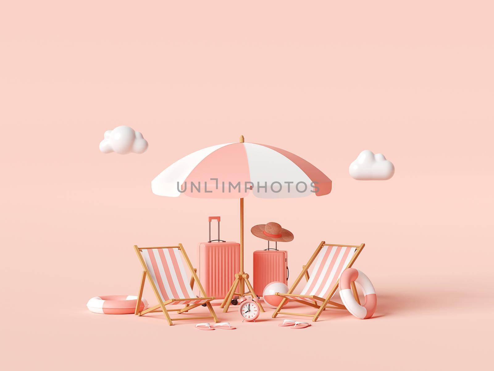 Summer vacation concept, Beach umbrella and travel accessories on pink background, 3d illustration by nutzchotwarut