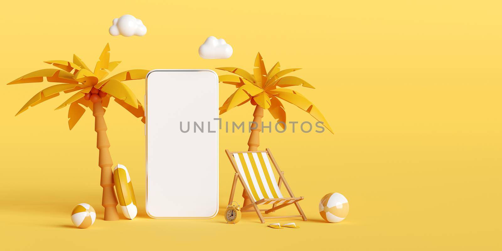 Summer vacation concept, Smartphone mockup with beach chair and beach accessories, hotel resort restaurant ticket tour booking reservation app on smartphone, 3d illustration by nutzchotwarut