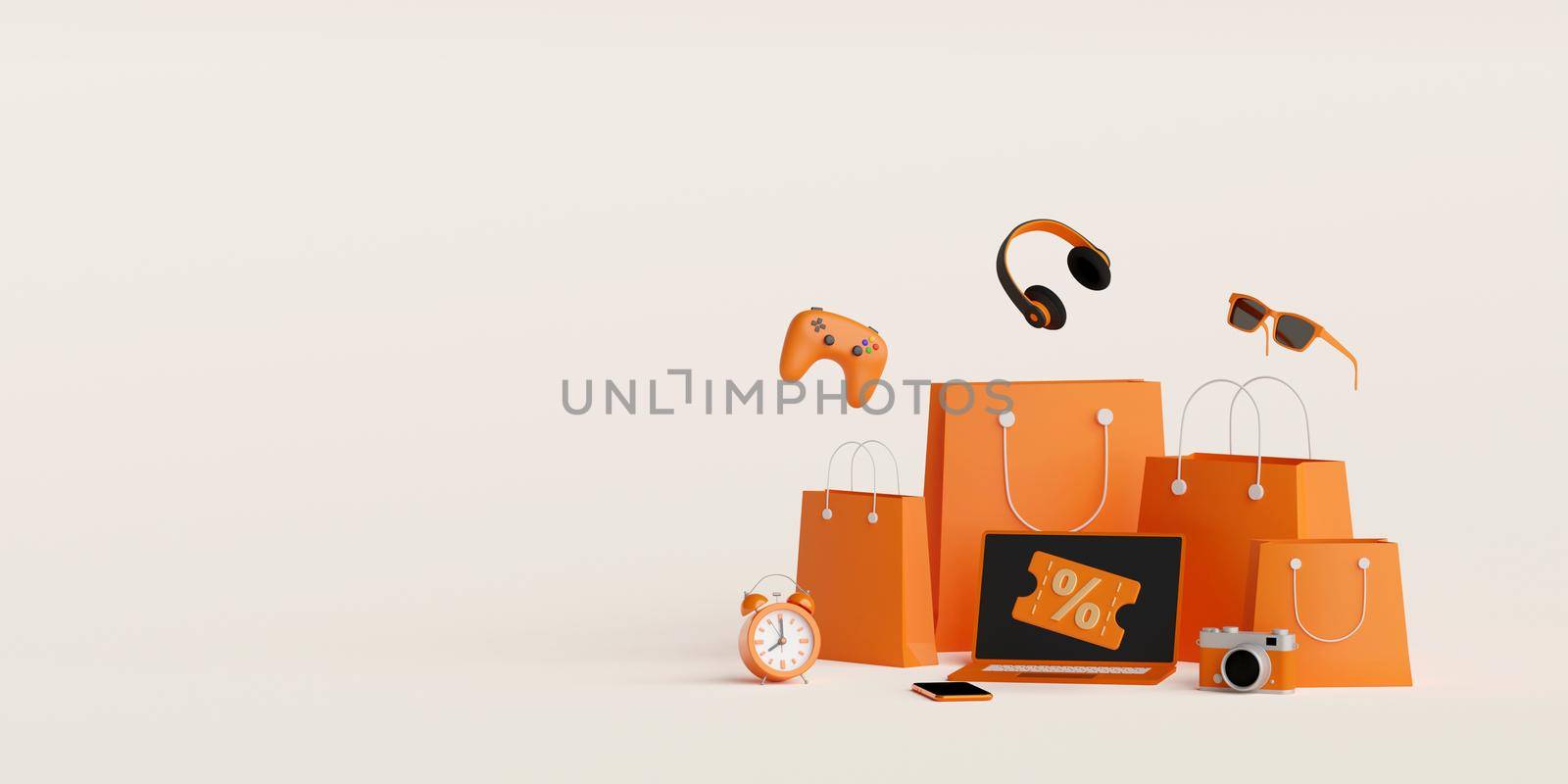 3d illustration banner of Shopping bag with electronics items and discount code