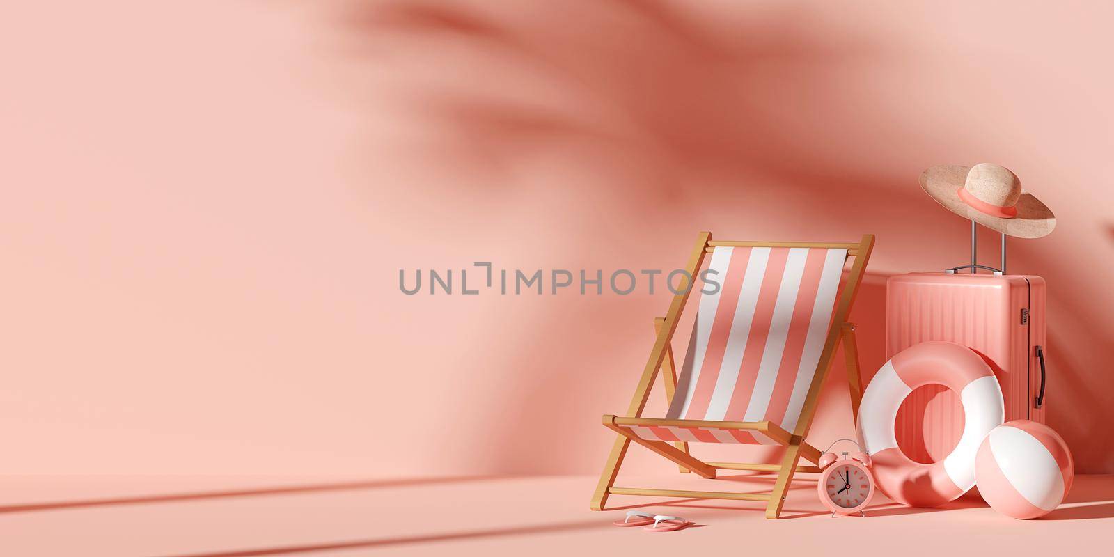 Summer vacation concept, Beach chair and travel accessories, minimal 3d illustration by nutzchotwarut