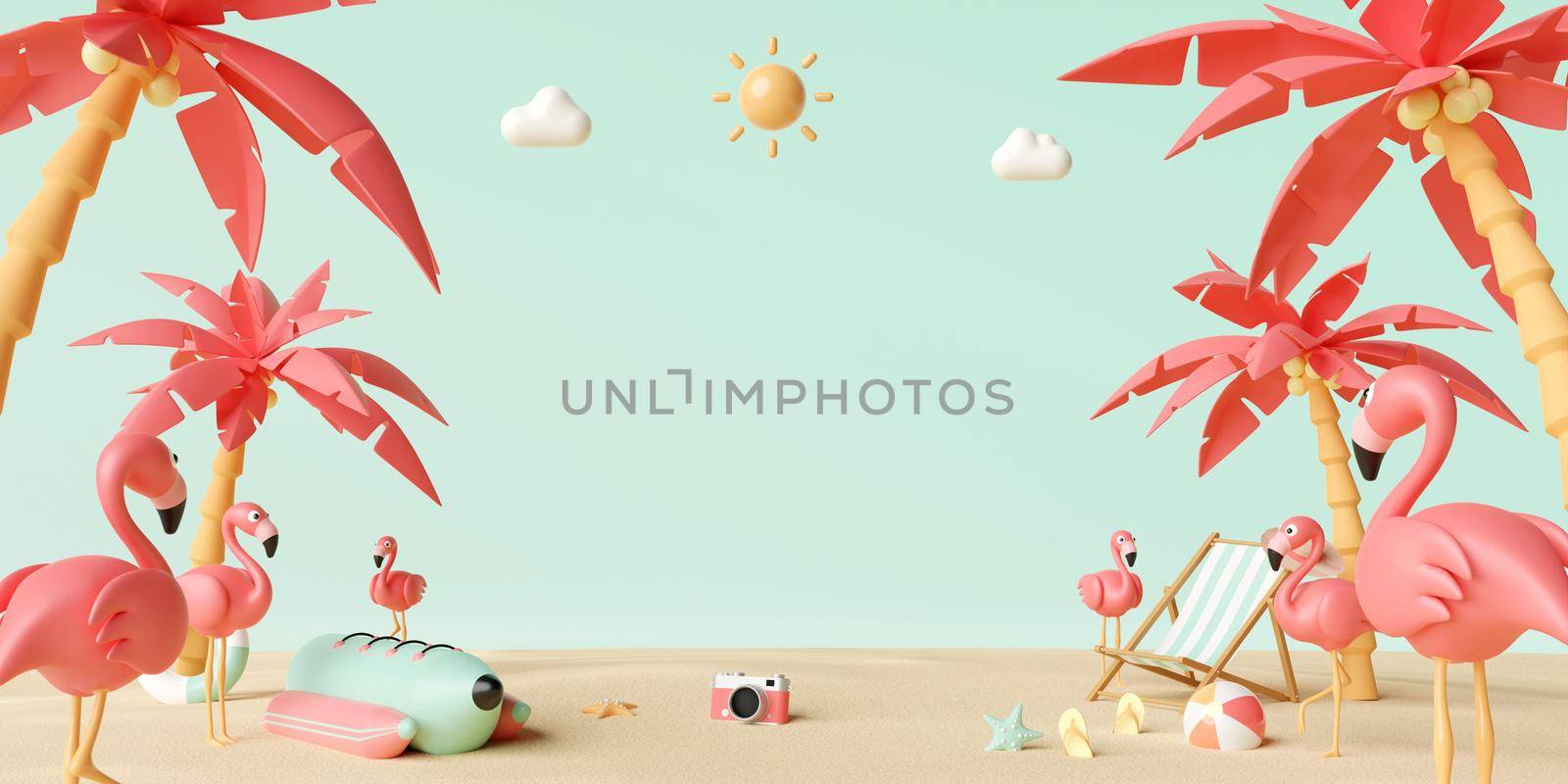 Summer vacation concept, Flamingo, beach chairs and accessories under palm tree with copy space for text advertisement, 3d illustration by nutzchotwarut