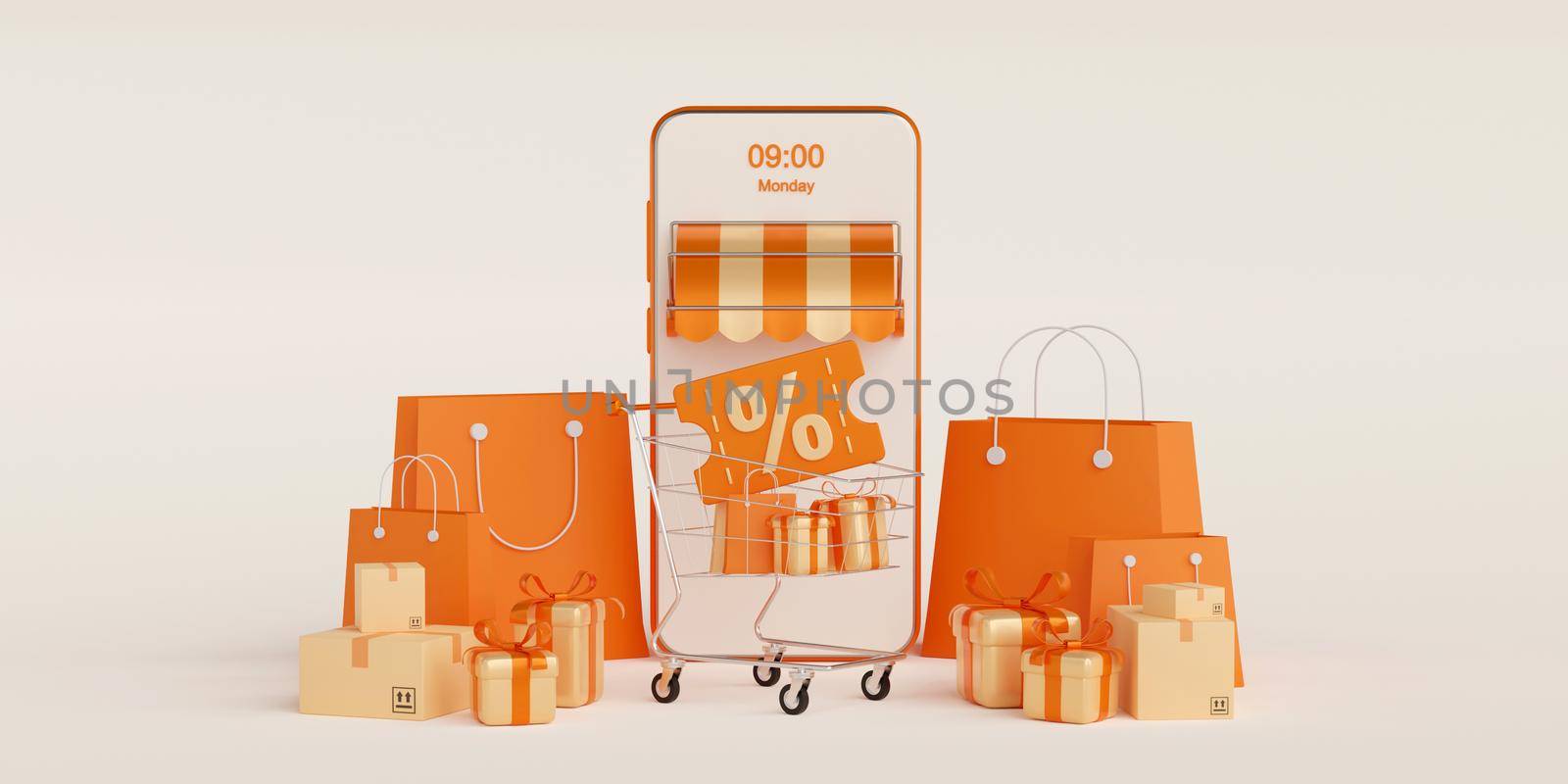 Discount code with shopping online application on mobile, 3d illustration by nutzchotwarut