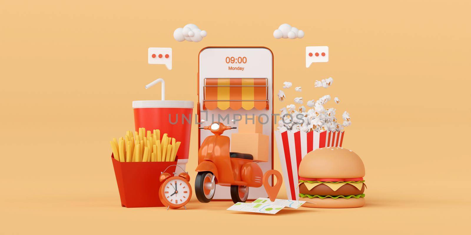 Food delivery application online on mobile, 3d illustration