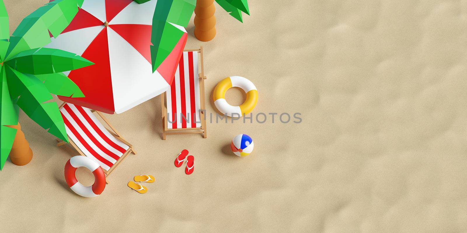 Summer vacation concept, Top view of a summer beach with beach umbrella, chairs and accessories, 3d illustration by nutzchotwarut