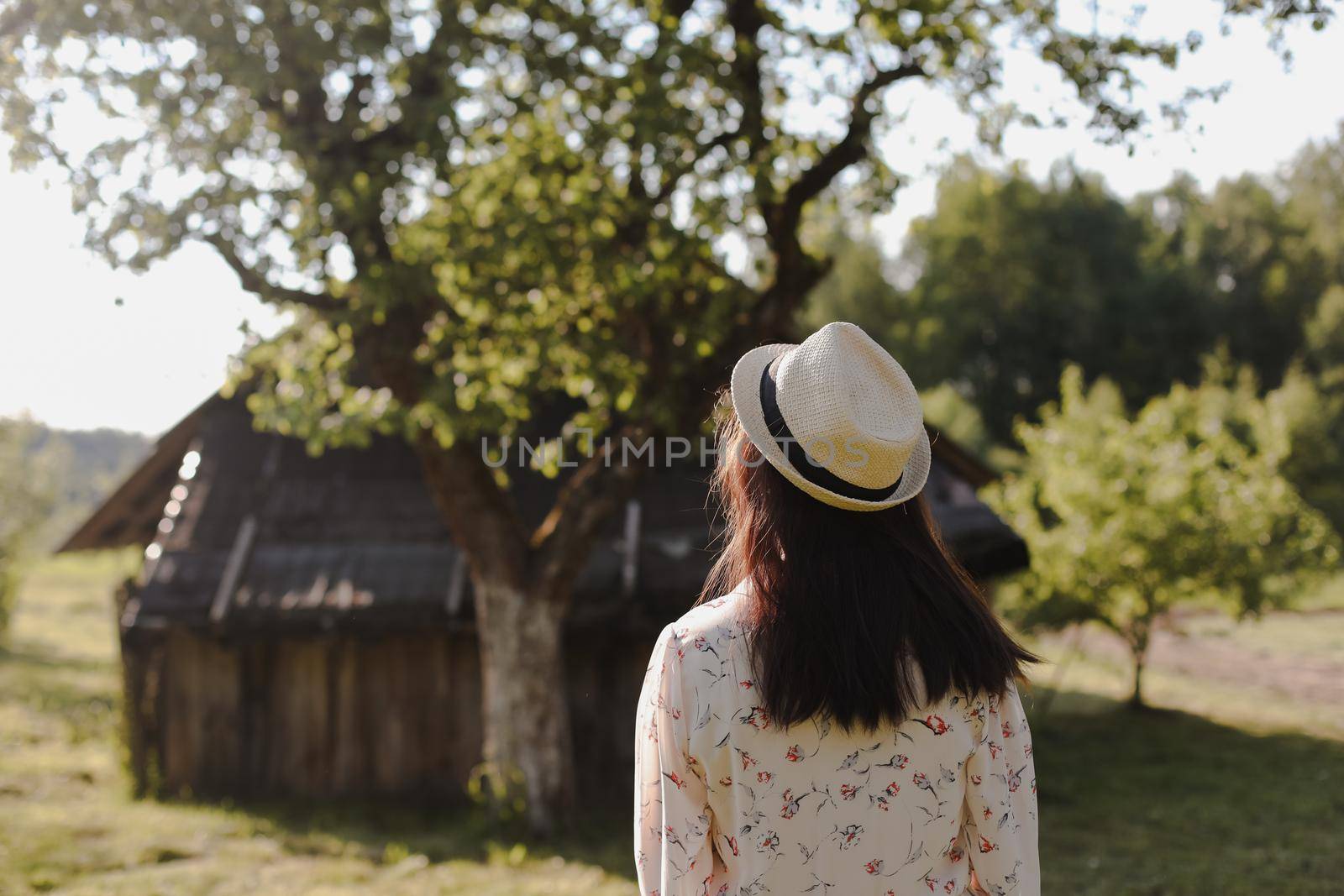 romantic portrait of a young woman in straw hat and beautiful dress in the countryside in summer by paralisart