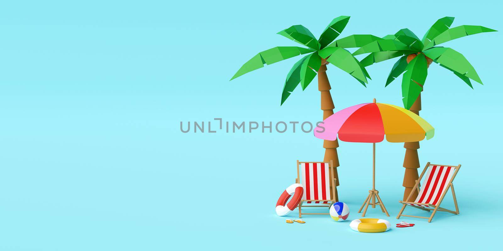 Summer vacation concept, Beach umbrella, chairs and accessories under palm tree on blue background, 3d illustration