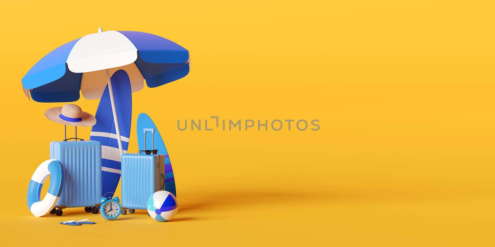 Summer vacation concept, Beach umbrella and travel accessories on yellow background, 3d illustration by nutzchotwarut