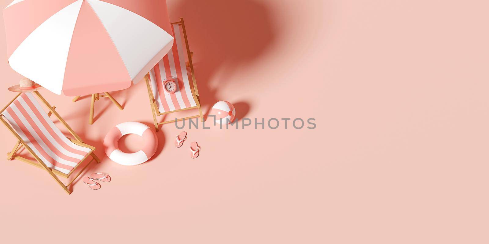 Summer vacation concept, Top view of beach umbrella, chairs and accessories, minimal 3d illustration