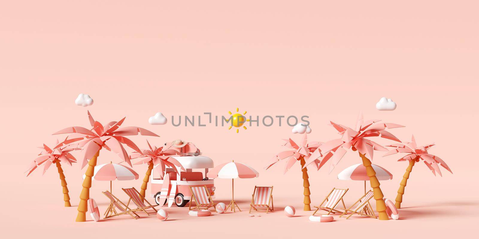 Summer vacation concept, Travel to the beach by van carrying travel accessories parking at the beach on pink background, 3d illustration by nutzchotwarut