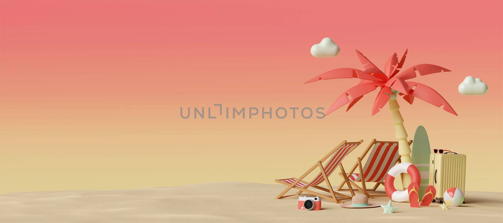 Summer vacation concept, Banner of beach chairs and accessories under palm tree, 3d illustration