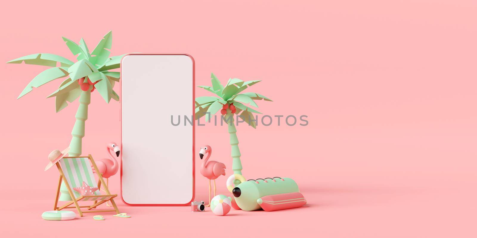 Summer vacation concept, Smartphone mockup with flamingo, beach chair and beach accessories, 3d illustration by nutzchotwarut