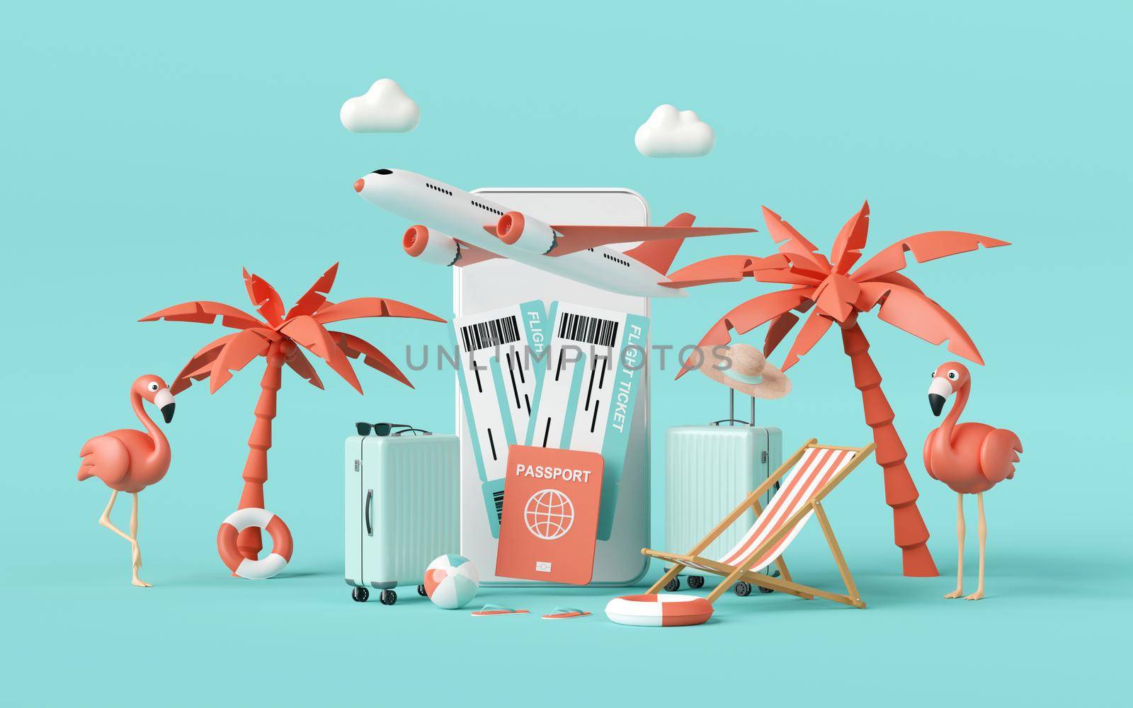 Flight booking, buy ticket or checkin application on smartphone, 3d illustration by nutzchotwarut
