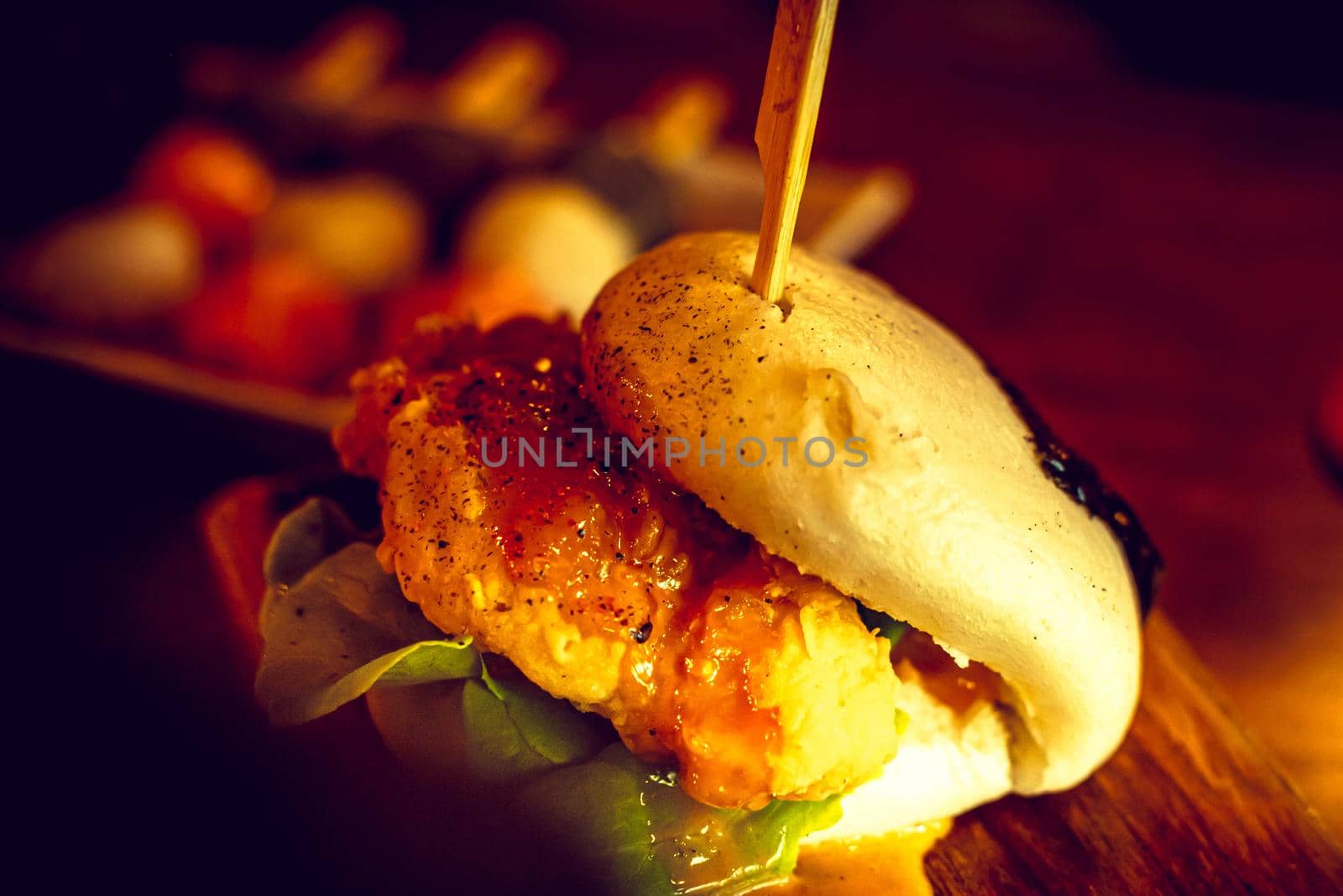 Selective focus Hirata Buns. Japanese traditional food. Asian cuisine made from steamed buns stuffed with salad and delicious savory fillings,   sandwiches or tacos