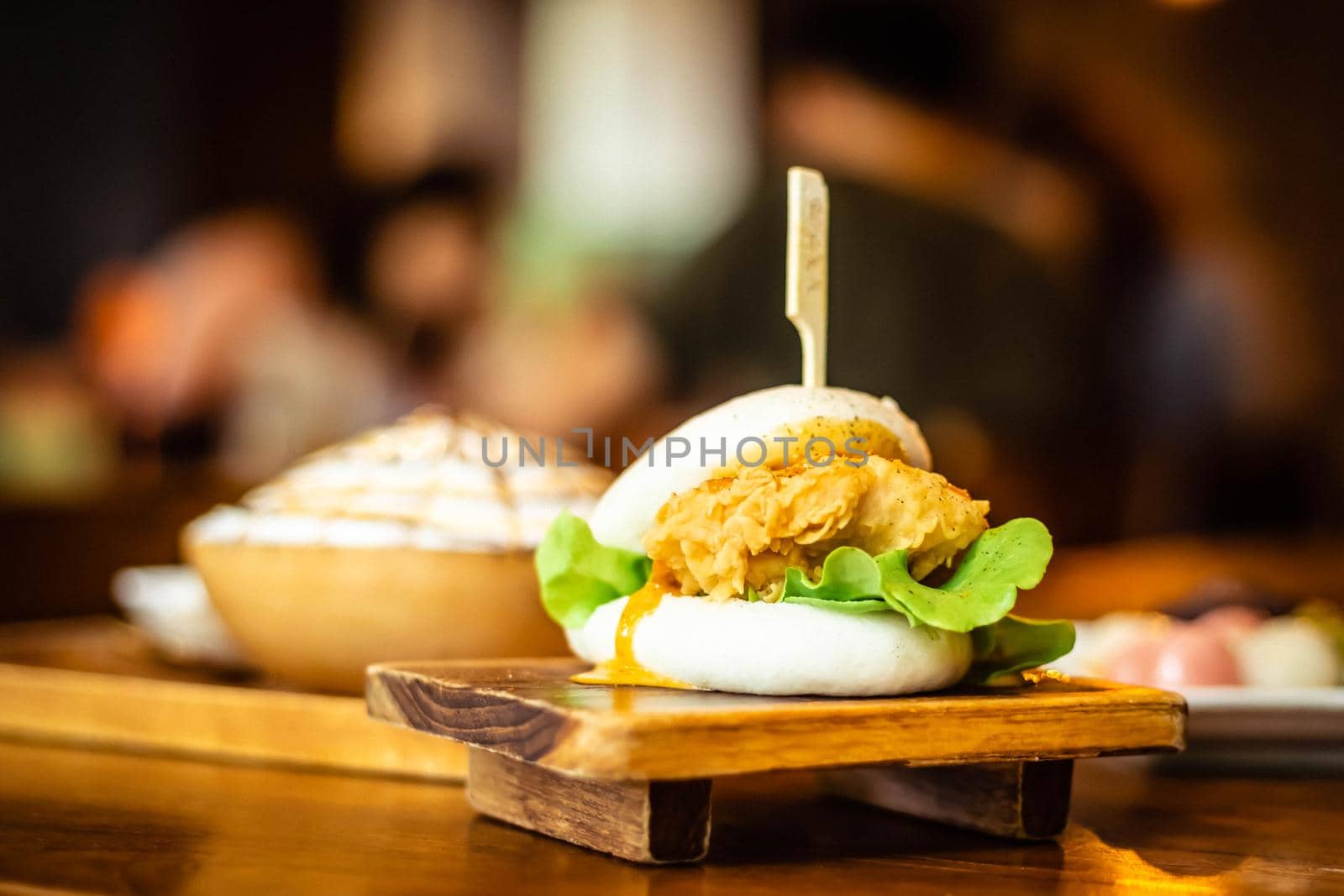 Selective focus Hirata Buns. Japanese traditional food. Asian cuisine made from steamed buns stuffed with salad and delicious savory fillings,   sandwiches or tacos