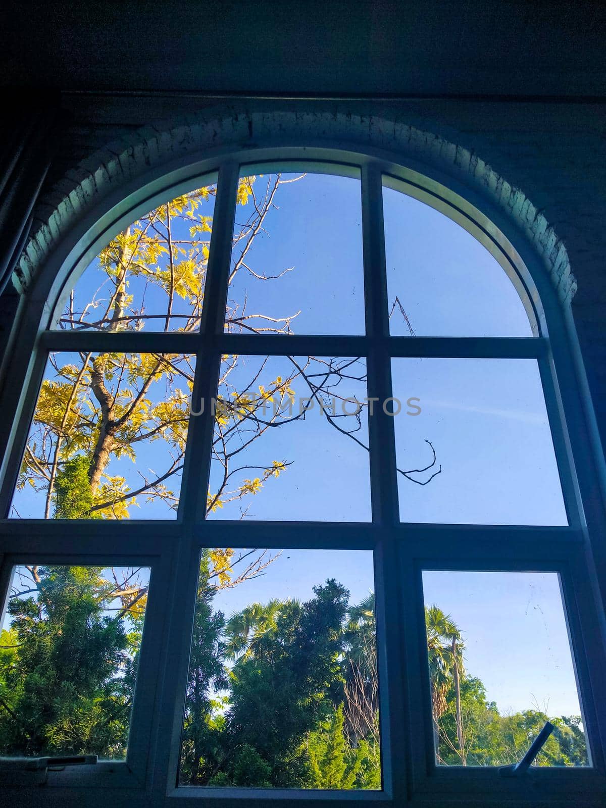 Arched window with view to autumnal landscape, bright sunshine. View through the window in autumn. by Petrichor