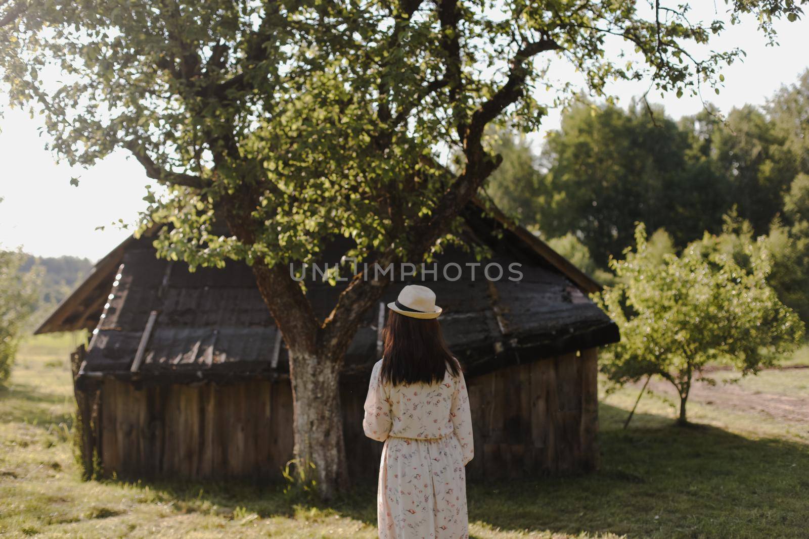 romantic portrait of a young woman in straw hat and beautiful dress in the countryside in summer by paralisart