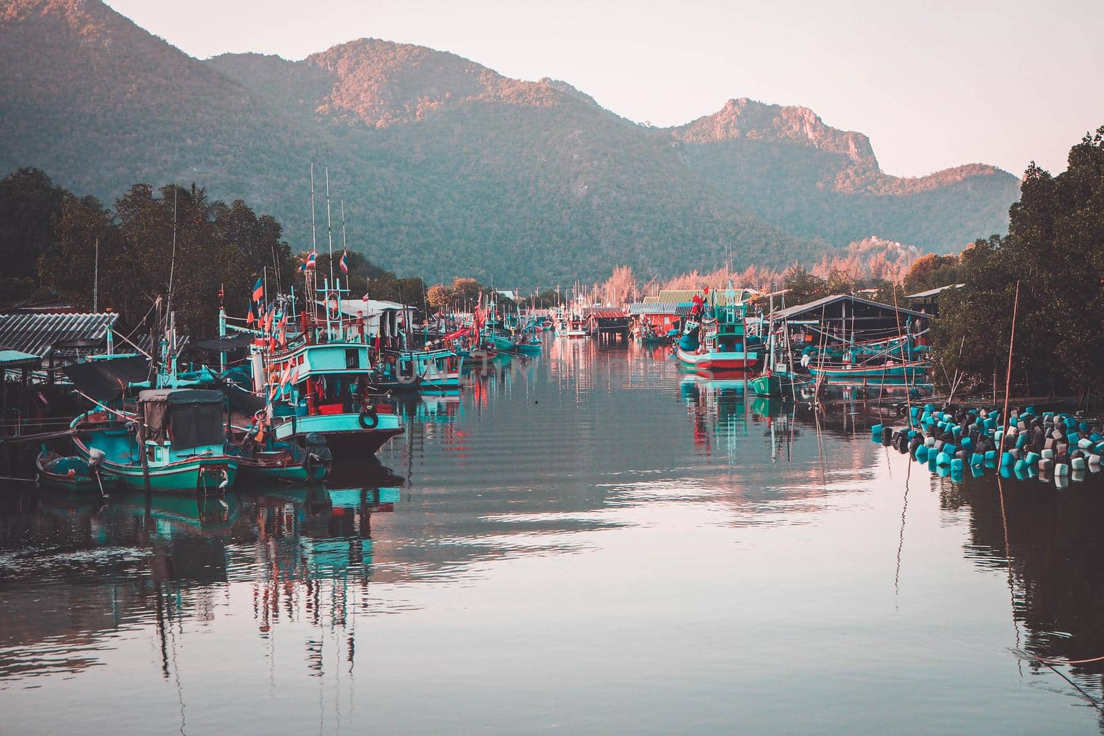 Panorama landscape of fisherman village at dusk in Prachubkeereekhan Thailand