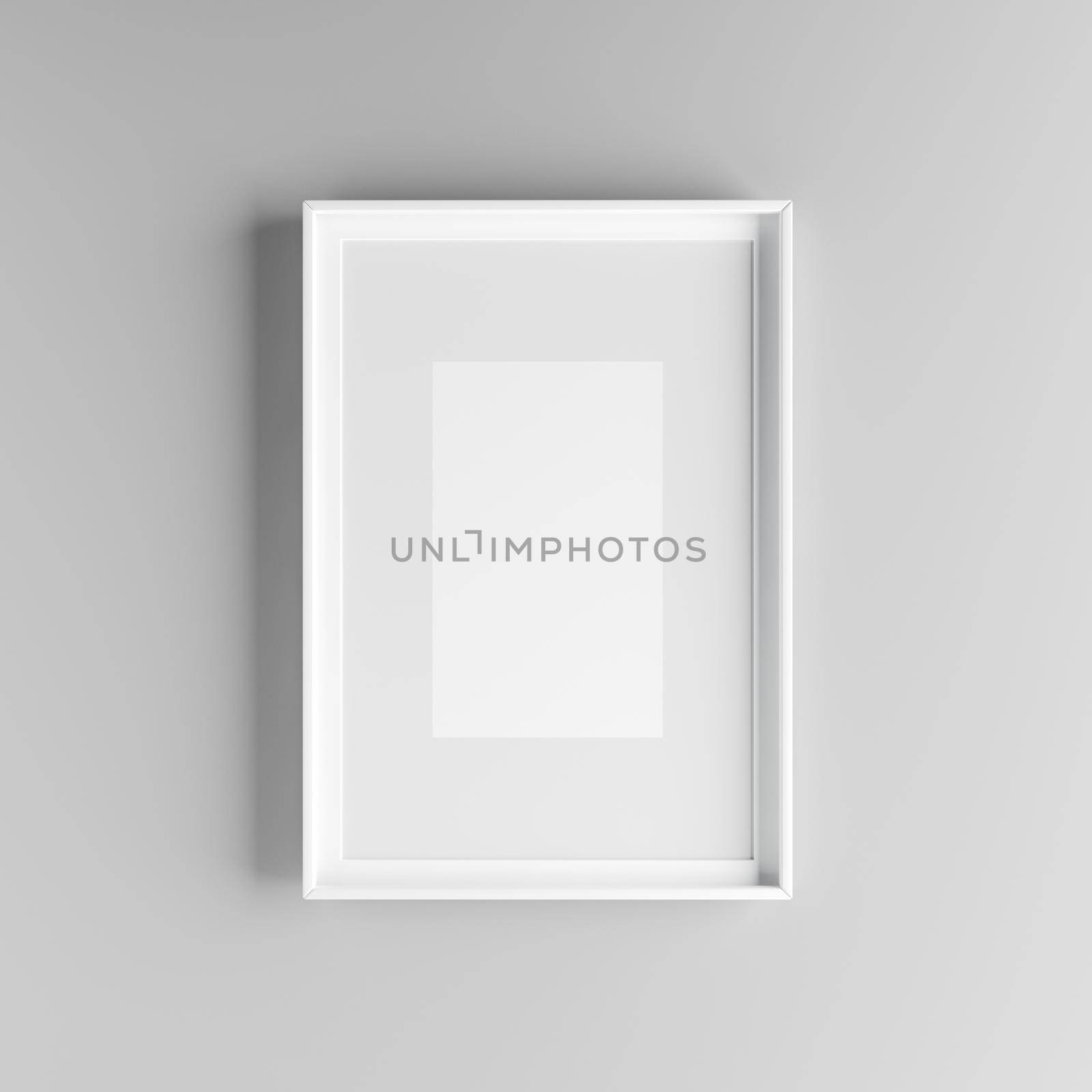 Elegant and minimalistic picture frame with parspartu standing on gray wall. Design element. 3D render