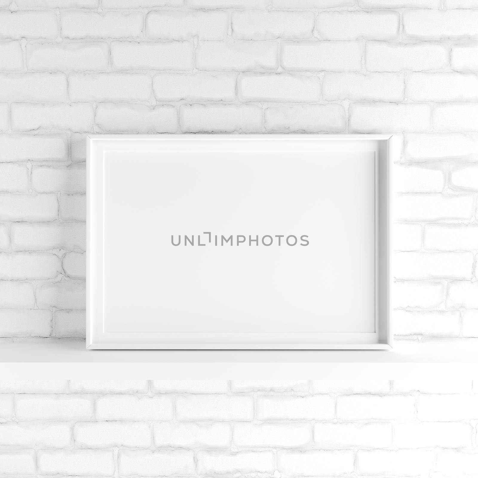 Minimalistic landscape picture frame standing on white painted brick wall by adamr