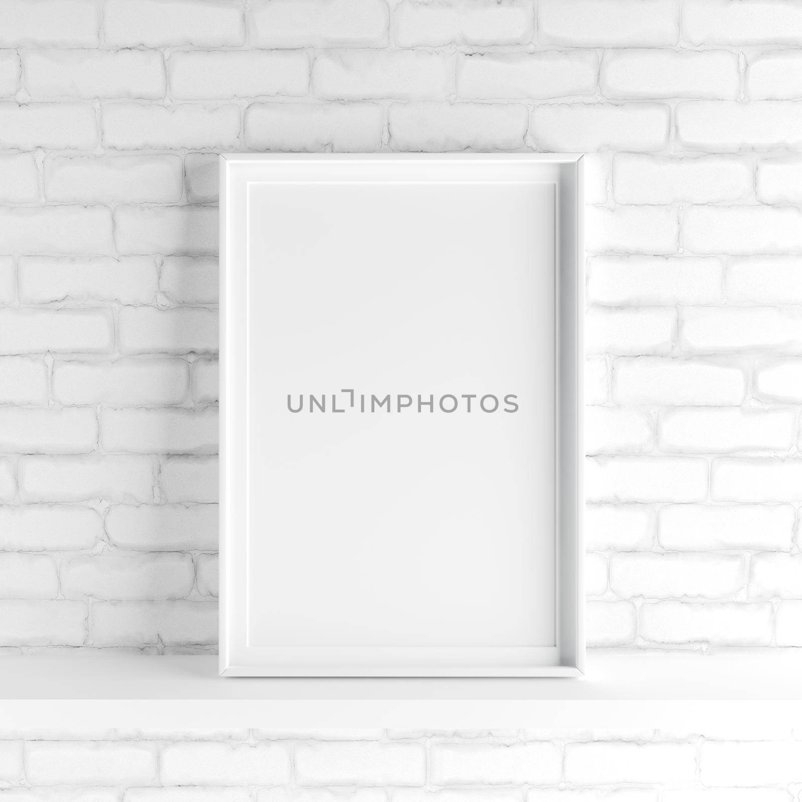 Elegant and minimalistic portrait picture frame standing on white painted brick wall. Design element. 3D render