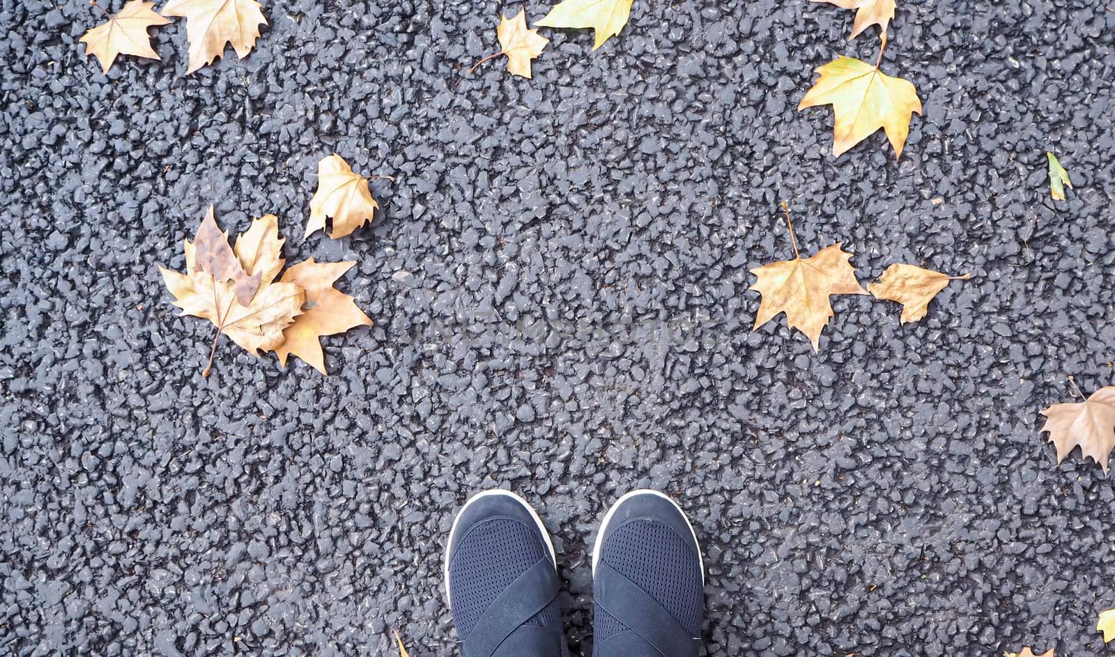 View at shoes from the top down. Maple leaves on ground. Fall season background.