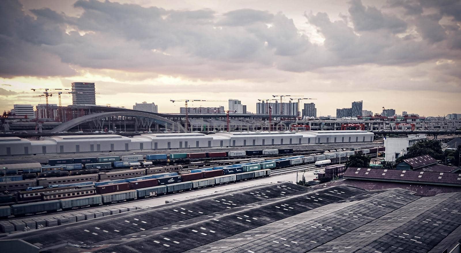 Cityscape of Bangkok city at sunset New Bangkok station Bangsue railway station, landscape Thailand