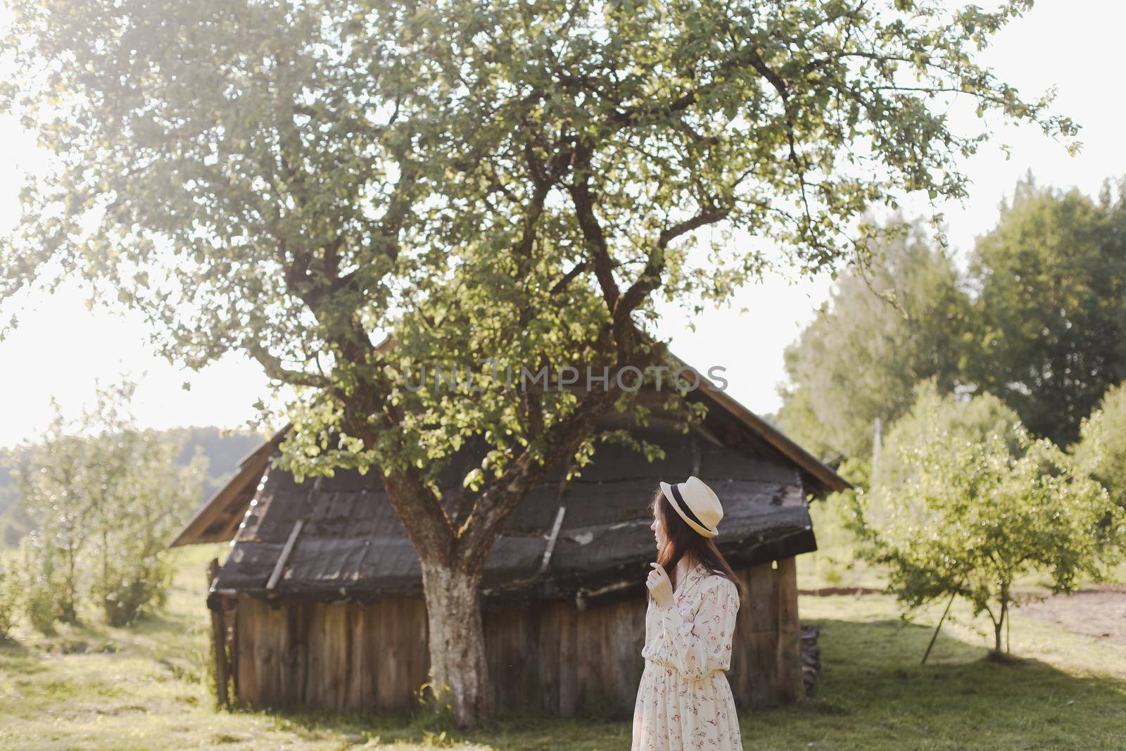 romantic portrait of a young woman in straw hat and beautiful dress in the countryside in summer.