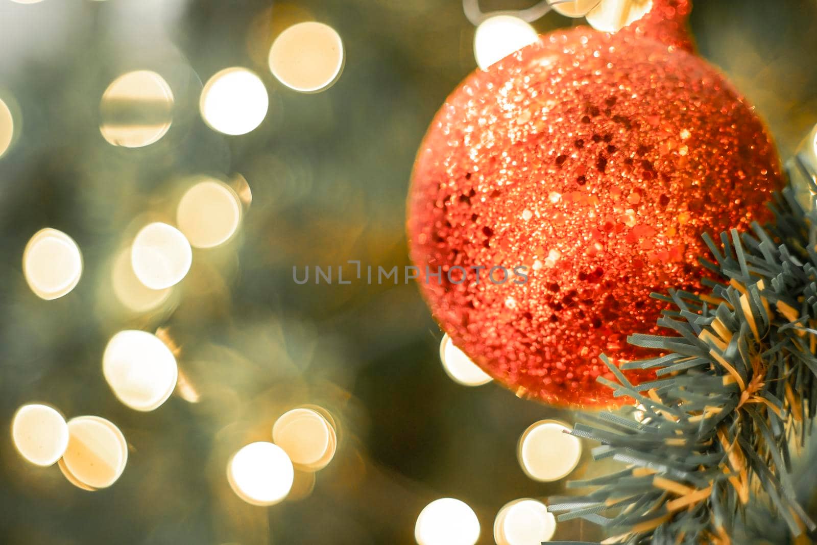 Christmas Tree red Ball And  gold Bokeh Background.