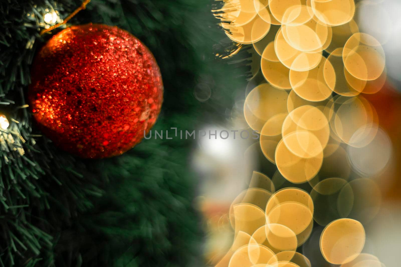 Christmas Tree red Ball And  gold Bokeh Background.