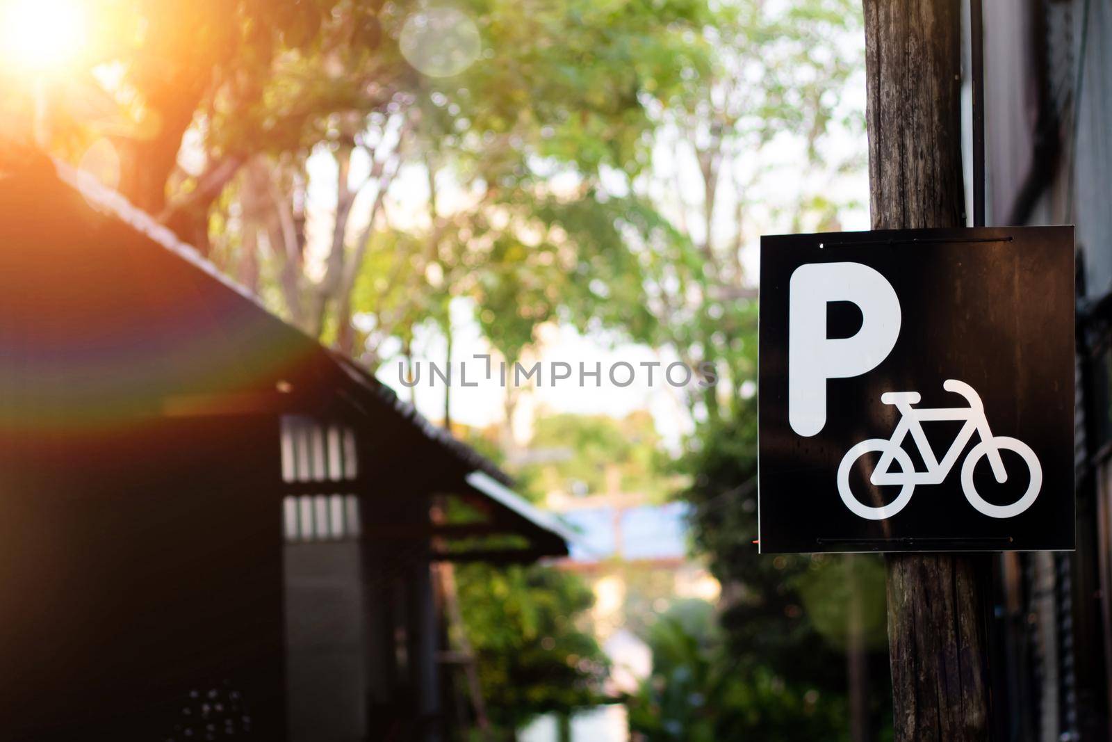 Bicycle sign, Bicycle lane in park.Bicycle parking nature eco concept idea background by Petrichor