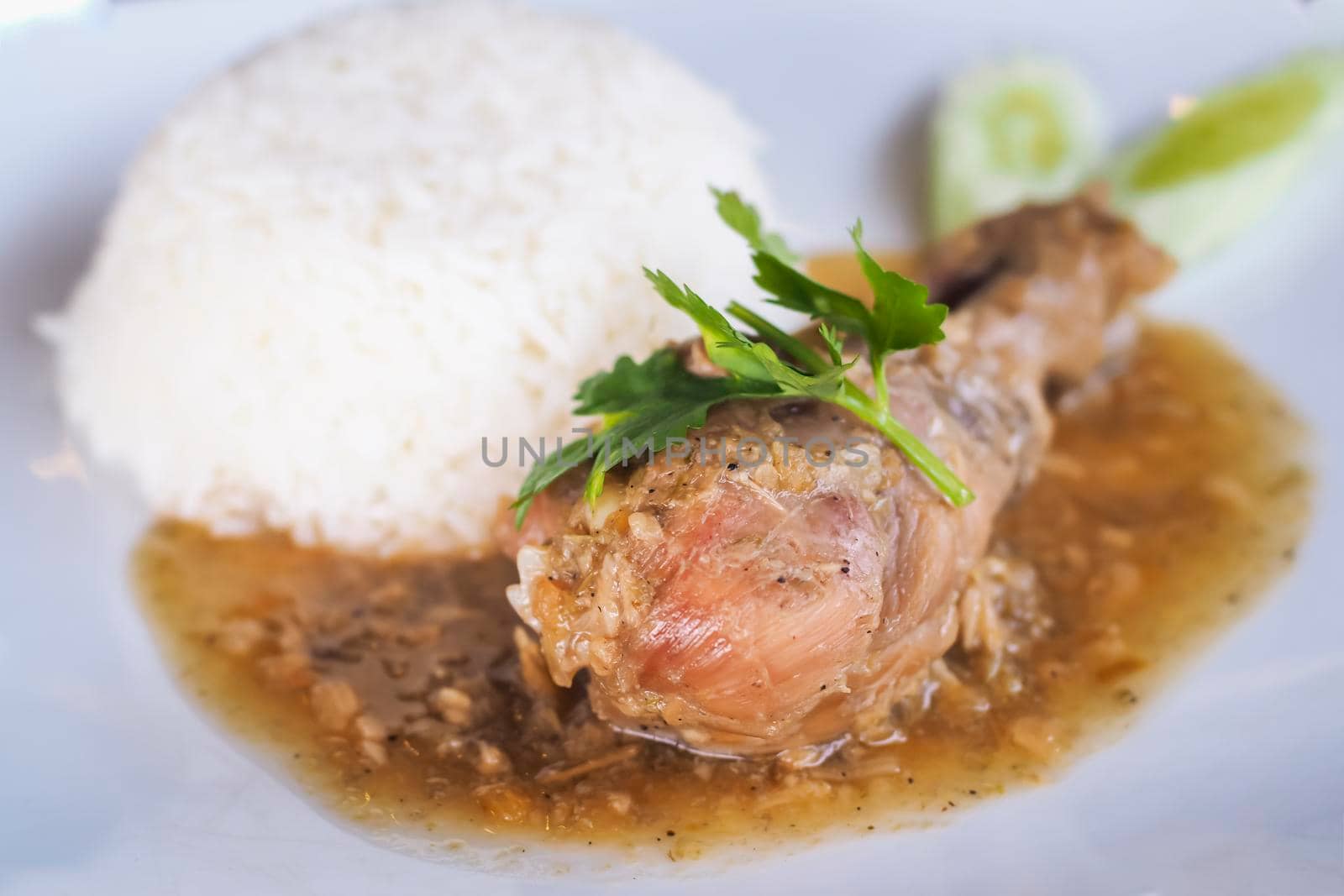 Thai Roast Chicken curry and Gravy serve with rice,  cucumber, coriander on white ceramic plate.