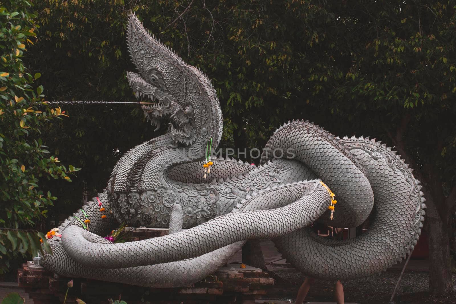 Sculpture of Dragon or Serpent or Naga legendary animal of Thailand at  Wat Kham Chanod 2 in Thailand by Petrichor
