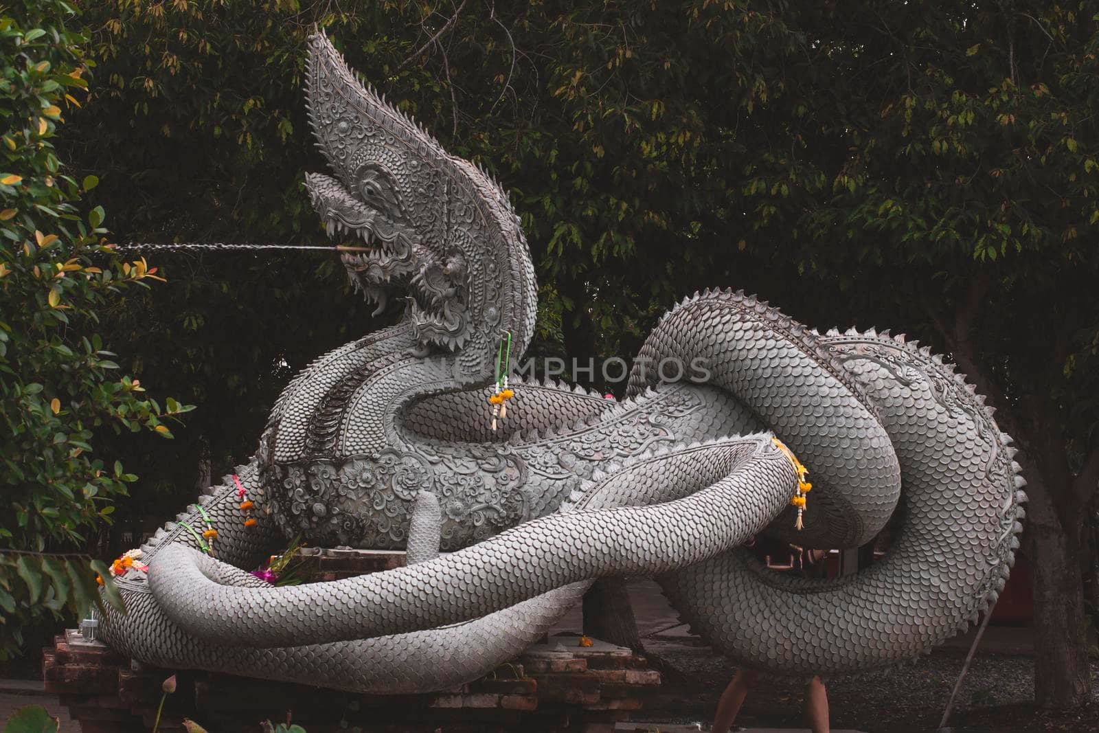 Sculpture of Dragon or Serpent or Naga legendary animal of Thailand at  Wat Kham Chanod 2 in Thailand